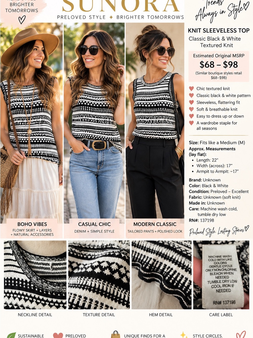 SUNO Black and White Textured Knit Sleeveless Tank